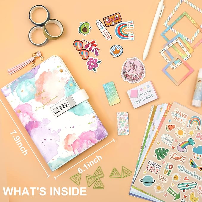 CAGIE DIY Journal Set for Girls Age 8-12, Gifts for 9-11 Year Olds, Diary with Lock for Girls' Birthday Gift, Personalize and Decorate Scrapbooks Kit