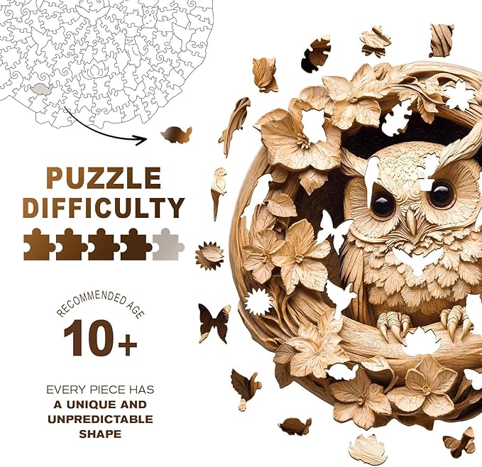 Wooden Puzzles for Adults, Unique Animal Shaped Owl Adult Puzzle, 3D Vision Wooden Jigsaw Puzzles Adult, Challenging Creative Gifts Family Games 13.4 * 13.4in 300pcs