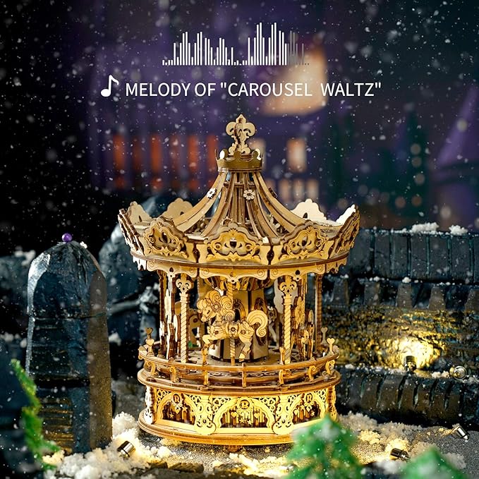 ROKR 3D Wooden Puzzle Carousel Model Building Kits Rotating 5-Horses Music Box Christmas Birthday Gift for Adults&Teens