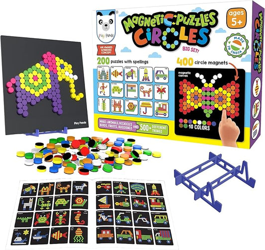 Magnetic Tangram Puzzles Toys for Kids | 400 Magnet Circles Shapes with 200 Patterns Booklet, Board & Display Stand | STEM Educational and Learning Games for Ages 4 5 6+ Years|Gifts for Girls & Boys