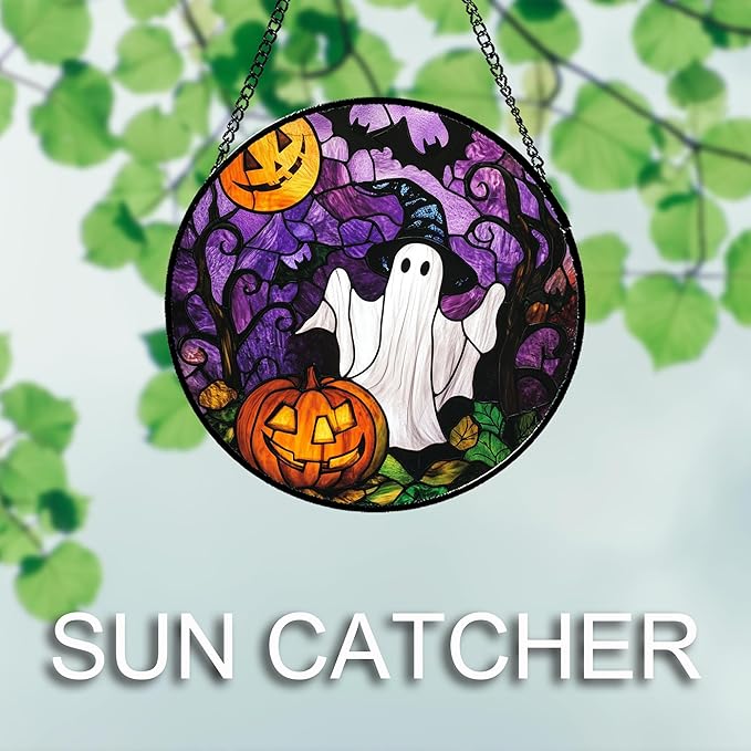 Stained Glass Window Hanging Halloween White Ghost Black Bat 6.3" - Suncatcher Door Garden Sunroom Horror Pumpkin Sun Catcher Birthday for Friend Mom Men Woman Nana