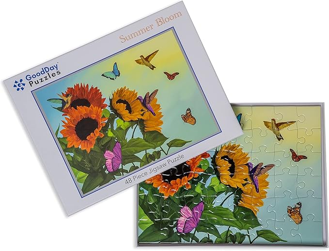 Large Piece Jigsaw Puzzle – Easy & Colorful, Dementia & Memory Activities for Seniors, Elderly Gifts, 48 Pieces, Summer Bloom