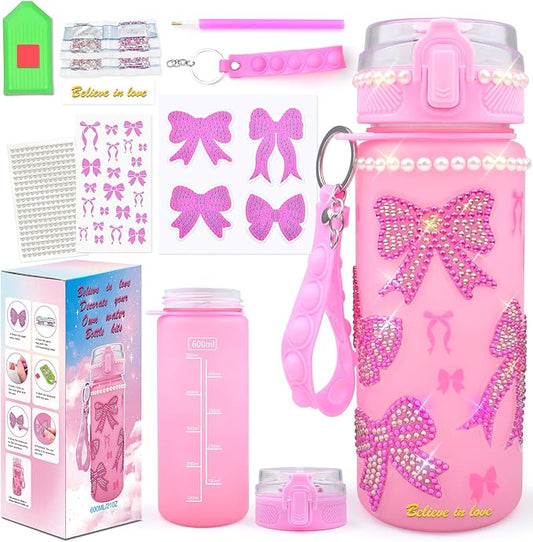 ASIOWELY Decorate Your Own Water Bottle Kits for Girls Age 4-6-8-10, Pink Bow Pattern Diamond Painting Art and Crafts for Boys Age 4-12, Fun Gifts Toys for Kids School Birthday Christmas