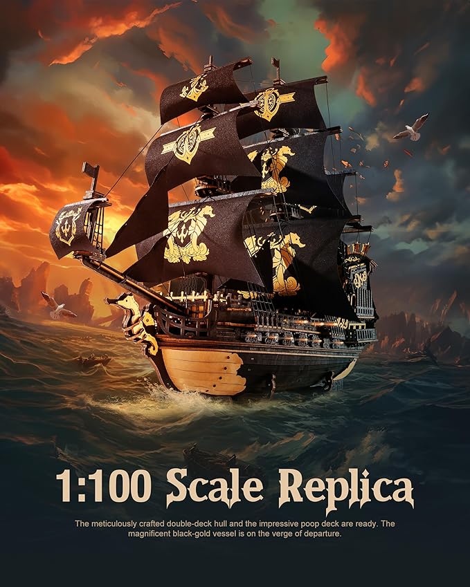 ROBOTIME Seahorse 3D Wooden Puzzles for Adults, Black Sailboat Model Kits for Boys and Men, Home Office Decor Gifts Pirate Ship Building (603 Pcs)