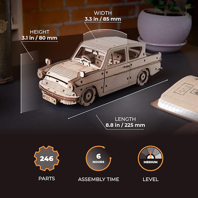 UGEARS Wooden 3D Puzzles for Adults - Flying Ford Anglia Harry Potter Puzzle 3D – Harry Potter Flying Car Building Kits for Adults DIY Model Kit with Spring Drive 244 Pcs