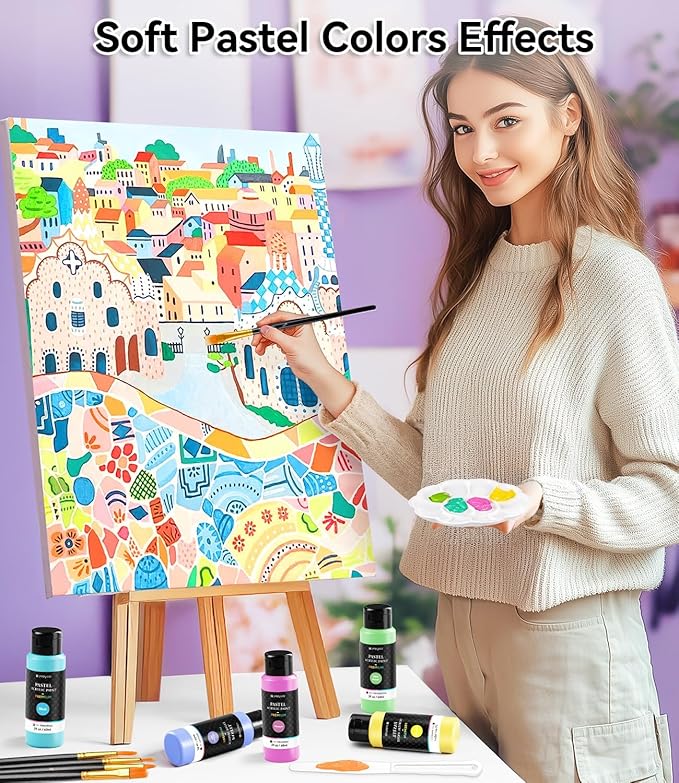 64 PCS Pastel Acrylic Paint Set with 12 Brushes, 2 Knives & Palette, 48 Colors (2oz/60ml) Art Craft Paint for Adults Kids Artists Beginners, Halloween Pumpkin Canvas Ceramic Rock Painting Kit