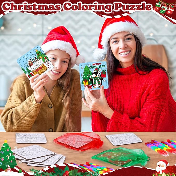 12 Sets Christmas Puzzles Color Your Own Puzzles DIY Jigsaw Crafts with 12 Stackable Crayons and 12 Bags for Learning Education Toys Gifts Prizes Birthday Party Supplies(12, Christmas)