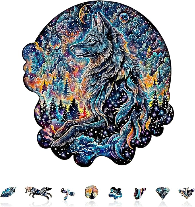KAAYEE Wooden Puzzles for Adults, 3D Visual Effect Wolf Nebula Wooden Jigsaw Puzzle Unique Shape Wood Puzzle Adult, 3D Effect Flat Puzzle Birthday Family Game (M-11.4 * 10.4in-180pcs)