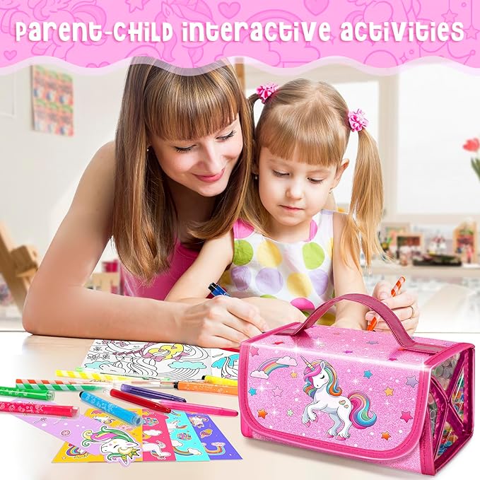 Washable Markers Set with Glitter Unicorn Pencil Case, Art Supplies for Kids Ages 5-6-8, Birthday Gifts Toys for Girls 5 6 7 8 9 10 Year Old, Arts Crafts Coloring Set with Crayon, Pencil, Gel Pen