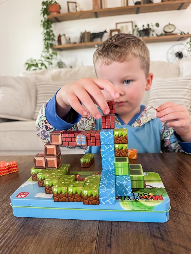 Magnetic Blocks Travel Toys with Portable Metal Tin – Toddler Magnet Tiles Building Blocks STEM, Montessori Kids Toys for 3+ Year Old Boys & Girls, Classroom Must Haves, and Sensory Toys