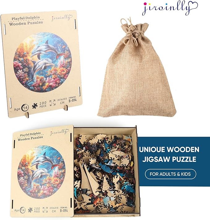 Wooden Puzzles for Adults, Dolphin Wooden Jigsaw Puzzles 200 Pieces,11.2 in Unique Shape Ocean Puzzle, Irregular Puzzle Creative for Adults and Kids Family Games