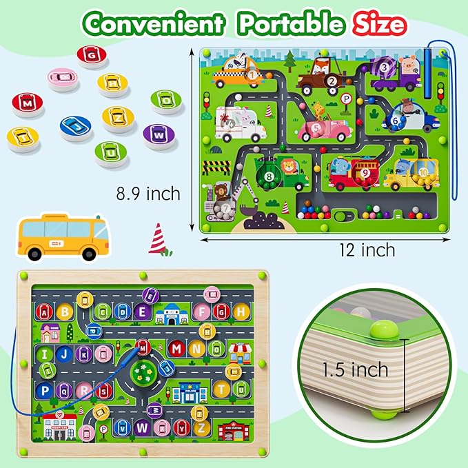 2 in 1 Magnetic Color and Number Maze Double-Sided ABC Alphabet Puzzles Board Magnet Dinosaur Counting Maze Preschool Learning Montessori Education 3 4 5 Years Toys (Car, One Size)