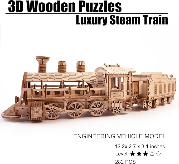 3D Wooden Puzzles, Wooden Puzzles Train for Adults and Teens, Educational Brain Teaser Assembly 3D Model Trains, Gifts for Christmas/Birthday(Luxury Steam Train)