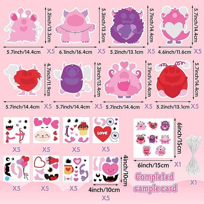 ANGOLIO 123Pcs Valentine's Day Monster DIY Craft for Kids, Make Your Own Monster Ornament Bulk Valentine's Day DIY Paper Craft Decorative Kit for Classroom Activities Gift Exchange