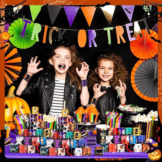 LUYI 250 PCS Halloween Slap Bracelets,Halloween Party Favors Supplies -50 Different Designs Bracelets Bulk for Halloween Decorations Treat Toys Bag Stuffers Gift