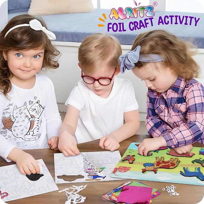 Alritz Arts and Crafts,Foil Crafts Fun Kit, Art Kit Toys for Kids Animals Space Cars, Foil Stickers Supplies,Travel Toys DIY Christmas Gifts for Girls Boys 4 5 6 7 8 9 10 11+ Years Old (6 Theme)