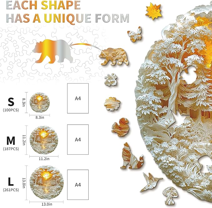 KAAYEE Wooden Puzzles for Adults, Mysterious Forest Wooden Jigsaw Puzzle Unique Shape Wood Puzzle Adult, 3D Visual Effect Flat Puzzle Birthday Family Games (M-11.2 * 11.2 in-187pcs)