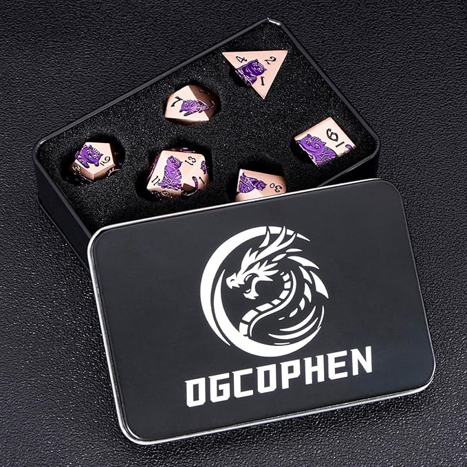 Metal DND Cat Dice 7PCS Polyhedral RPG Dice Set with Gift Case for Dungeons Dragons Role Playing Game, D and D Dice D6 D8 D10 D12 D20 D% (Copper Purple)