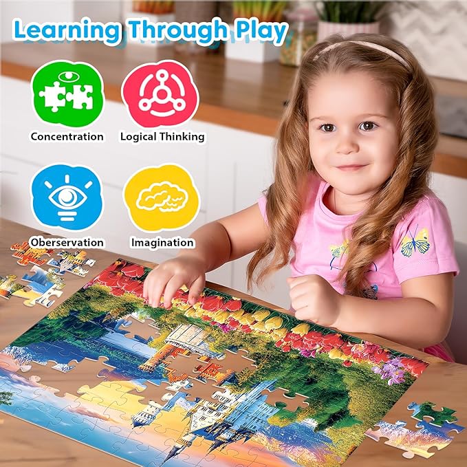 100 Piece Puzzle World Famous Landscapes Jigsaw Puzzles Large Piece Puzzles for Adult Seniors Kids Puzzles for Kids Ages 4-6 6-8 Learning Educational Toys Gifts for Girls Boys 4 Packs