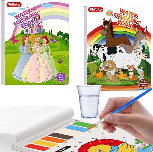 YMluky Water Color Paint Sets for Kids,No Mess Painting for Toddlers Activities,Magic Paint Set with 2 Brush, Arts and Crafts for Kids 4-8 (Farm Animals & Princess)