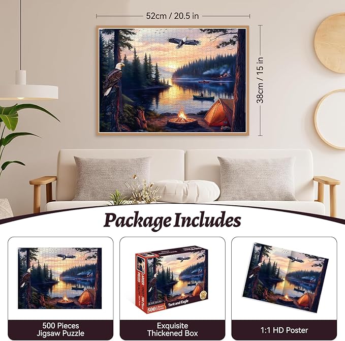 500 Piece Jigsaw Puzzle for Adults – Peaceful Lake Sunset with Eagles and Campfire | Nature Landscape | Relaxing 500 Piece Puzzles for Adults & Great Puzzle for Family Time or Display (20.5" x 15")