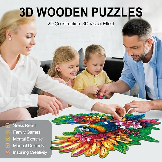 Wooden Puzzles for Adults Floral-Winged Parrot Puzzle - Laser-Cut Unique Shaped Stress Relief Jigsaw Puzzle, Wall Art Home Decor Gift for Family (14.9"×11.1" 200pcs)