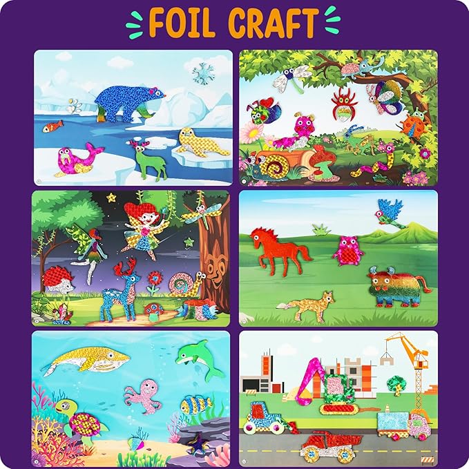 Alritz Arts and Crafts,Foil Crafts Fun Kit, Art Kit Toys for Kids Animals Space Cars, Foil Stickers Supplies,Travel Toys DIY Christmas Gifts for Girls Boys 4 5 6 7 8 9 10 11+ Years Old (12 Theme)