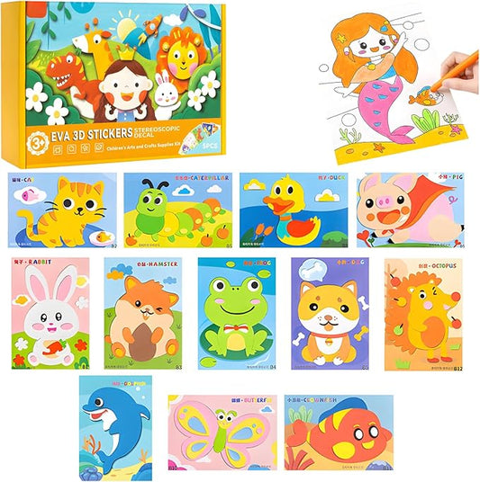 SEPSUMMER 3D EVA Sticker Craft, 12pcs/Set Sticker Puzzle Pleasure DIY Cartoon Animal Learning Education Program for Toddler Kids Art Craft Kits (Our Friends)