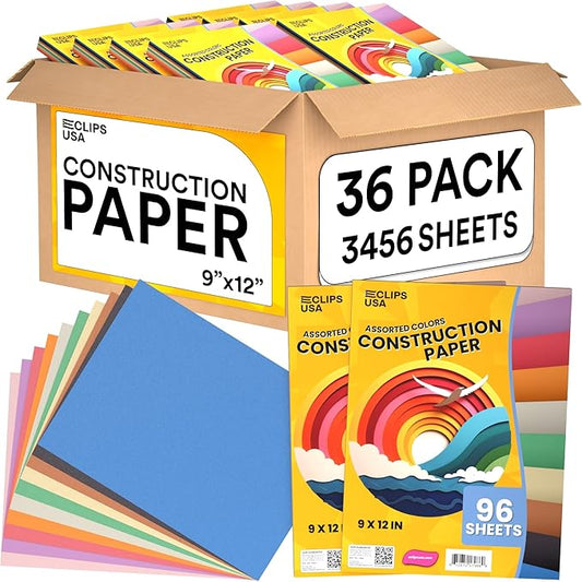 Construction Paper Assorted Colors, Colored Paper, Craft Supplies, Colored Construction Paper Bulk, Back to School Supplies (36 Pack / 3456 Sheets)