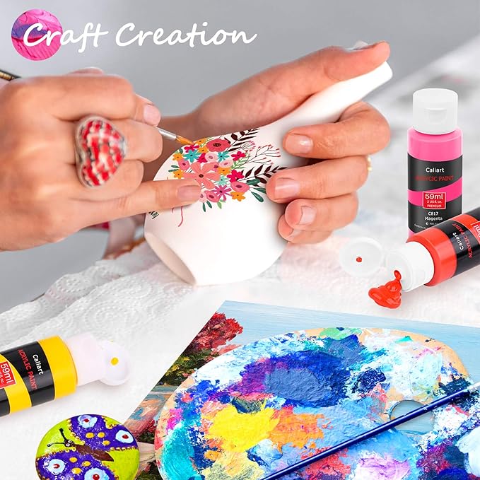 Caliart Acrylic Paint Set with 12 Brushes, 42 Colors (59ml, 2oz) Art Craft Paints Gifts for Artists Kids Beginners & Painters, Halloween Pumpkin Canvas Ceramic Rock Painting Kit Art Supplies