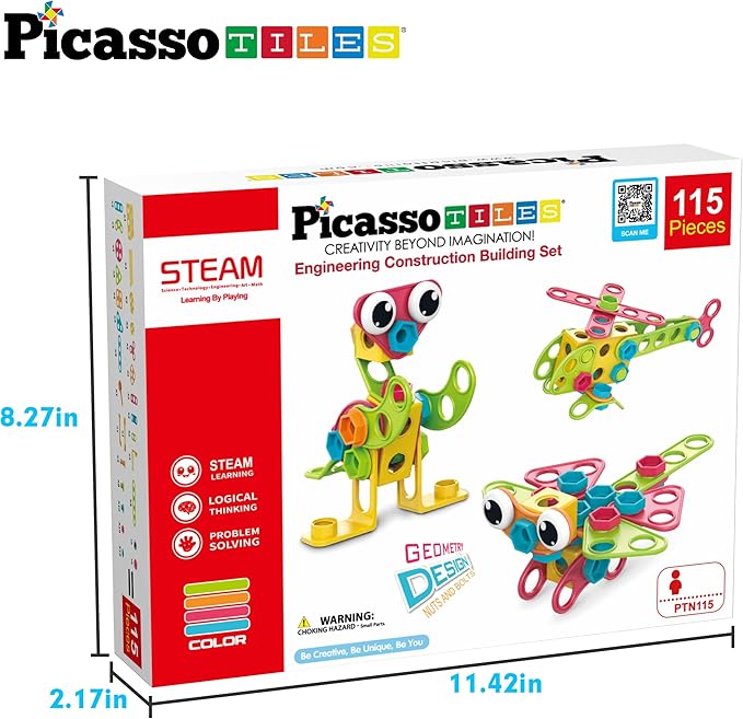 PicassoTiles 115 Piece Building Blocks Set Kids STEM Toy Construction Engineering Sensory Toys Kit Block Children Early Education Playset with FREE IdeaBook, Clickable Ratchet Age 3+ Boys Girls PTN115