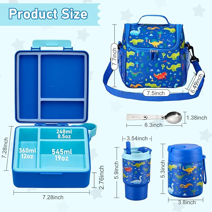 Bento Lunch Box for Kids with 17oz Soup Thermo,Insulated Tumbler Water Bottle and Insulated Lunch Bag,Leak-Proof 3 Compartment Lunch Food Container with with Ice Pack for Kids to School-Dinosaur