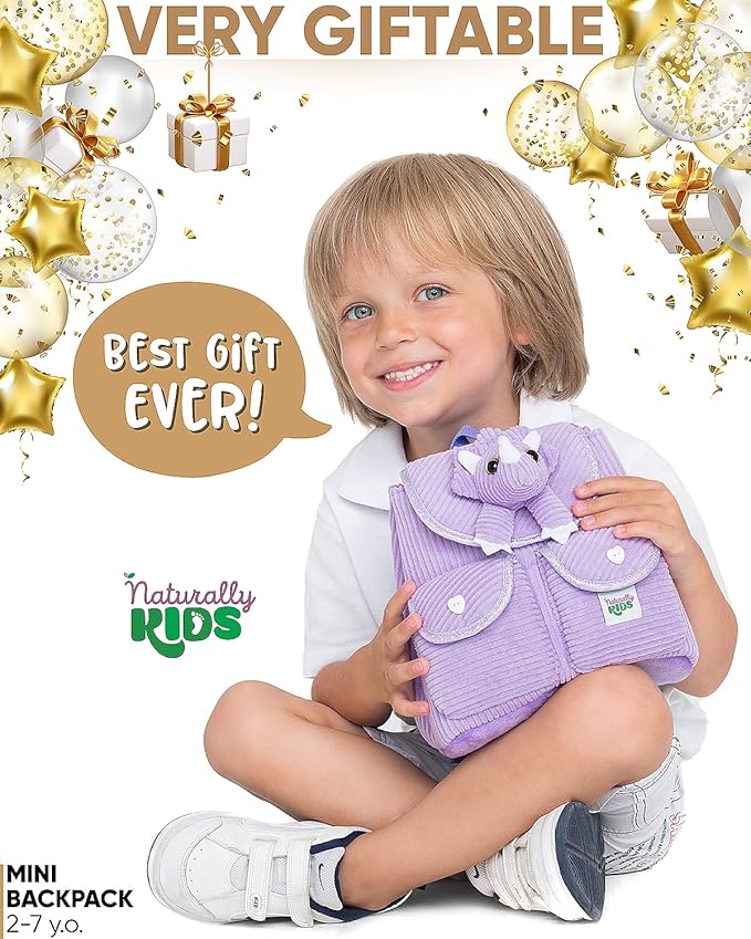 Purple Dinosaur Triceratops Mini Backpack for Kids, Mini Backpack for Toddler Girls, Gift for 2 3 4 5 Year Old Girl Boy