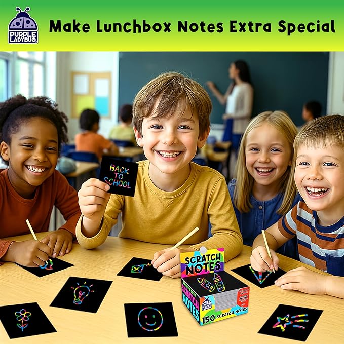 PURPLE LADYBUG 150 Rainbow Scratch Art Mini Notes - Stocking Stuffers for Kids, Arts and Crafts Supplies, Fun & Colorful Scratch Paper for Girls, Kids & Teens Gift, Classroom School Supplies