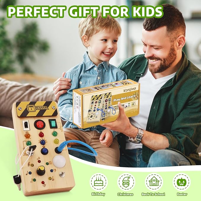 Busy Board with led Light, Sorting Sensory Travel Toys for Toddlers 1-3, Wooden Toddler Busy Board Montessori Toys for 1+ Year Old