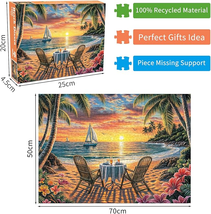 Beach Dinner Jigsaw Puzzles 1000 Pieces for Adults Sailboat Palm Trees Flowers 1000 Piece Jigsaw Puzzles for Adults