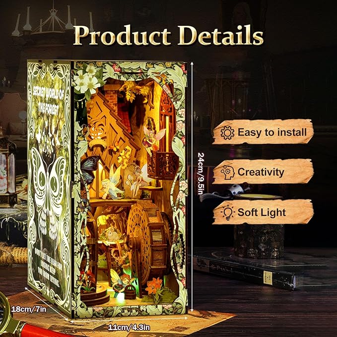 Book Nook Kit for Adult - THRIVINGIVAN Miniature Model Build Dollhouse Kit 3D Wooden Puzzle with Sensor Led Light for Bookshelf Bookend Insert Decor Adults Teen Crafts(Spirit)