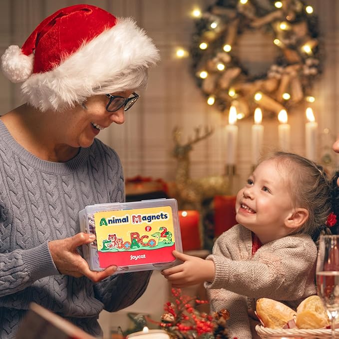 JoyCat Wooden Kids Magnets – 26 Cute Animals, Alphabet Uppercase Letters, and 0-9 Numbers, Fridge Magnets for Toddlers, Fun Educational Spelling Learning Gift for Toddlers & Kids