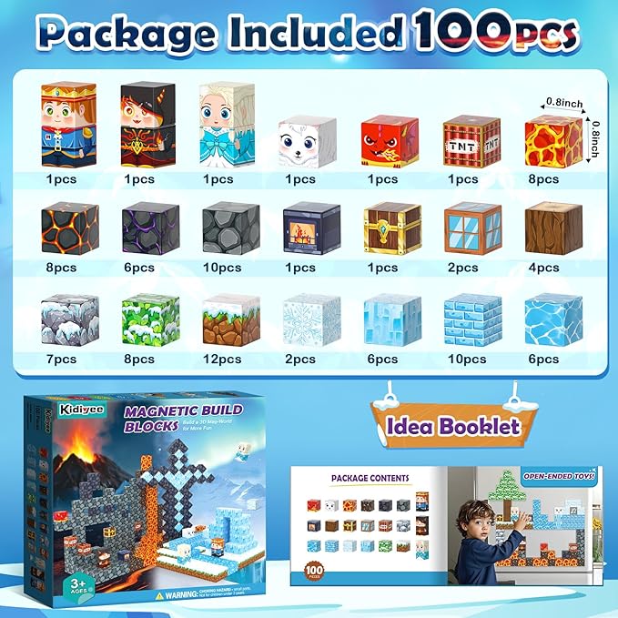 Magnetic Blocks - Build Mine Magnet World Ice Lava Set, Vibrant Colorful Building Blocks with Ultra Magnet Strength for Kids Ages 3-8, STEM Toys Creative Gifts for 3+ Year Old Boys Girls (100PCS/0.8")
