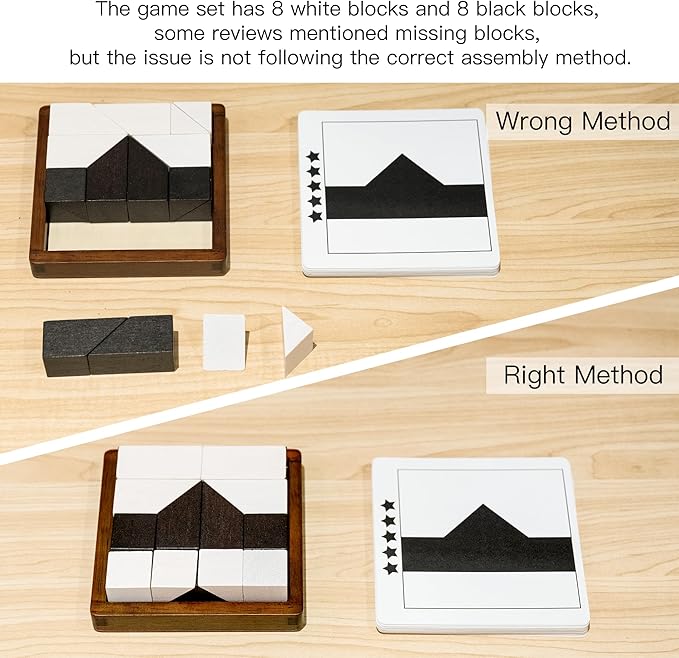 Wooden Hidden Blocks Puzzle Game - 80 Brain Challenges with Solid Wood Box & Deluxe Black and White Pieces, 3D Logic & Spatial Thinking Tabletop Toy, Perfect for Family Fun & Creative Gifts
