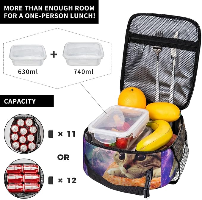 Galaxy Pizza Cat Reusable Lunch Box Food Bag Insulated Lunch Bag for Teenage Boys Girls School Beach