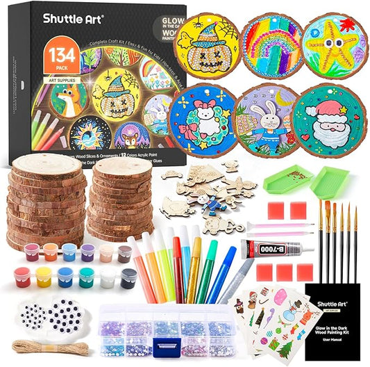 Kids Wood Painting Craft Kit, Glow-in-the-Dark Paint and Diamond Painting on Wood Slices with Stickers & Wiggle Eyes, Ideal Arts and Crafts for Kids Ages 5-12, Gifts for Halloween, Christmas, Birthday