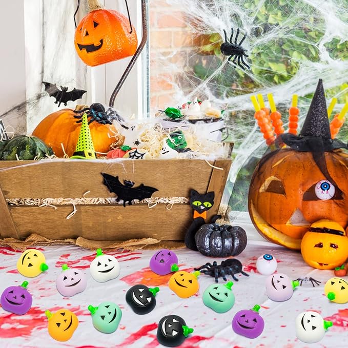 WATINC 28pcs Halloween Pumpkin Mochi Squeeze Toys for Kids, Happy Halloween Stress Relief Gifts Mochi Fidget Toys Treat Goodie Bags Fillers Classroom Prize Christmas Stocking Party Favors Decorations