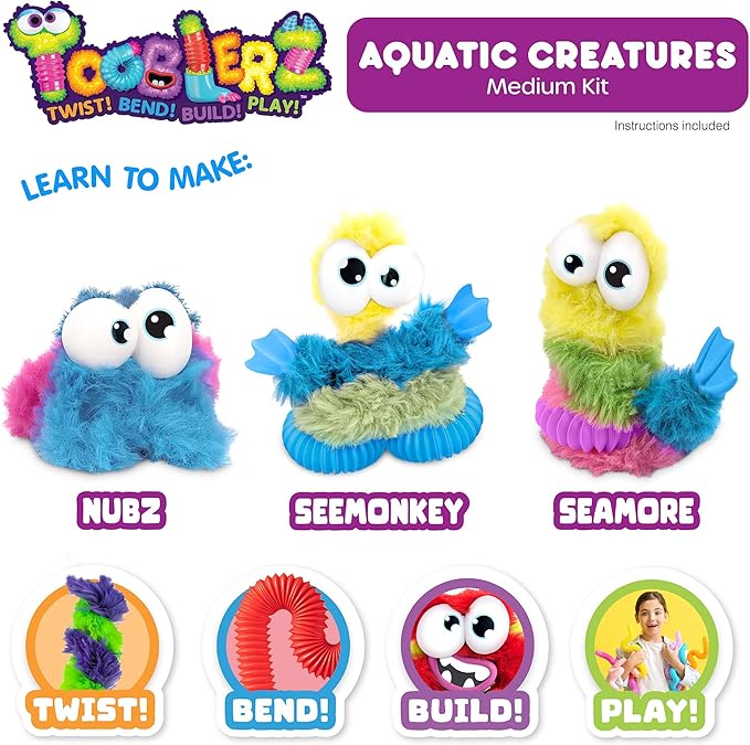 WeVeel TOOBLERZ Aquatic Creaturez Medium Set – 12-Piece Mix-and-Match Craft Kit for Kids – Includes Fuzzy Chenille Sticks, Fidget Tubes & Character Accessories – Creative Toy for Ages 6+