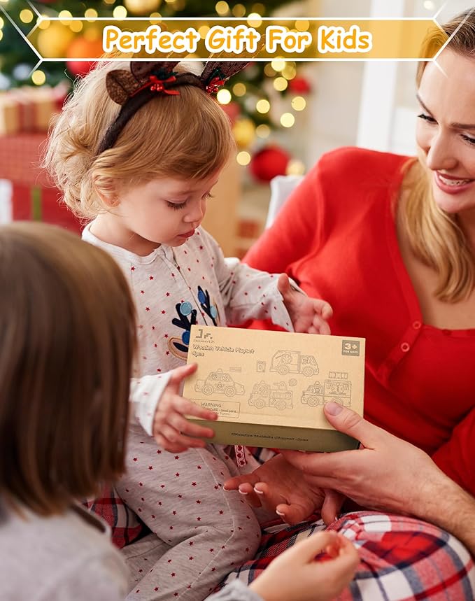 SainSmart Jr. Emergency Vehicle Toys Snap & Take-Apart, Wooden Car Toys for Toddlers, Including Play Police Car, Fire Truck, Garbage Truck, Ambulance - Montessori Gifts for Preschool Children