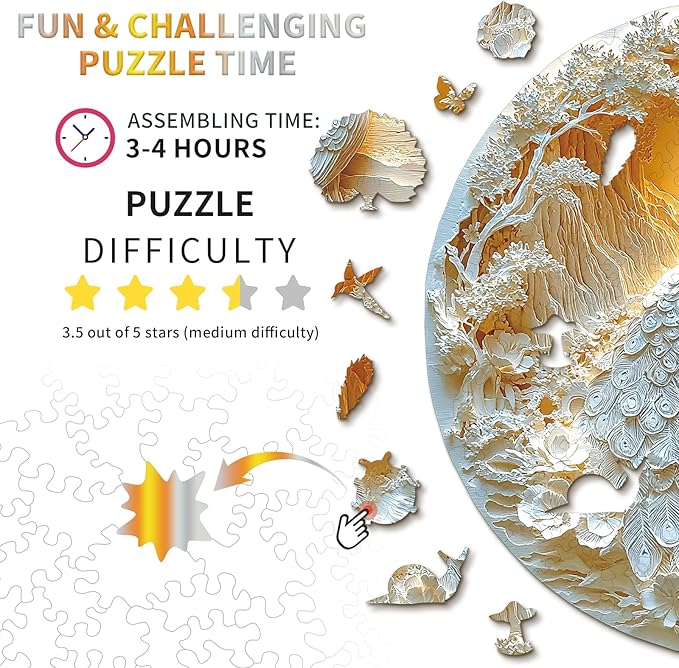 KAAYEE Wooden Puzzles for Adults, 3D Visual Effect Beautiful Peacock Wooden Jigsaw Puzzle Unique Shape Wood Puzzle Adult, Birthday Gifts for Puzzle Lovers Family Games (M-11.3 * 11.3 in-200pcs)