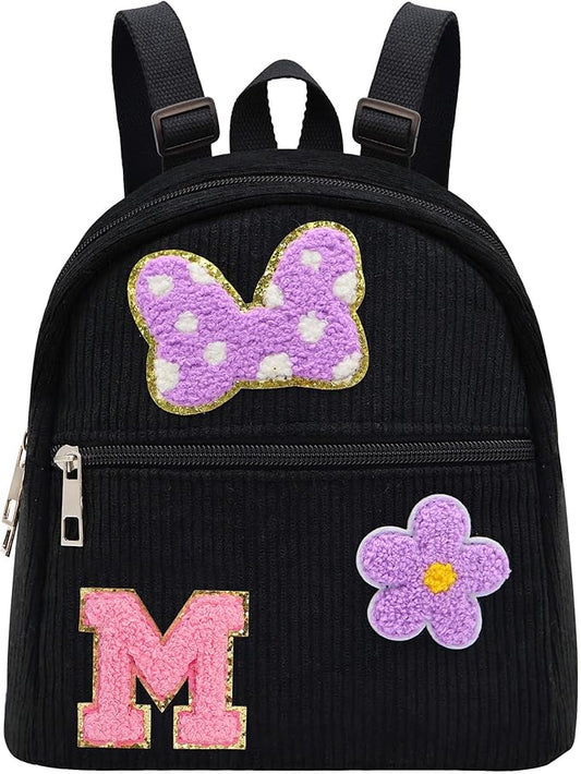 2 3 4 5 6 Year Old Girl Gifts Chenille Initial Mouse Bow Mini Backpack, Corduroy Toddler Backpacks Christmas Birthday Gifts for Girls 2-4 5-6, Black Mini Diaper Bag Must Haves for Park Travel Letter M