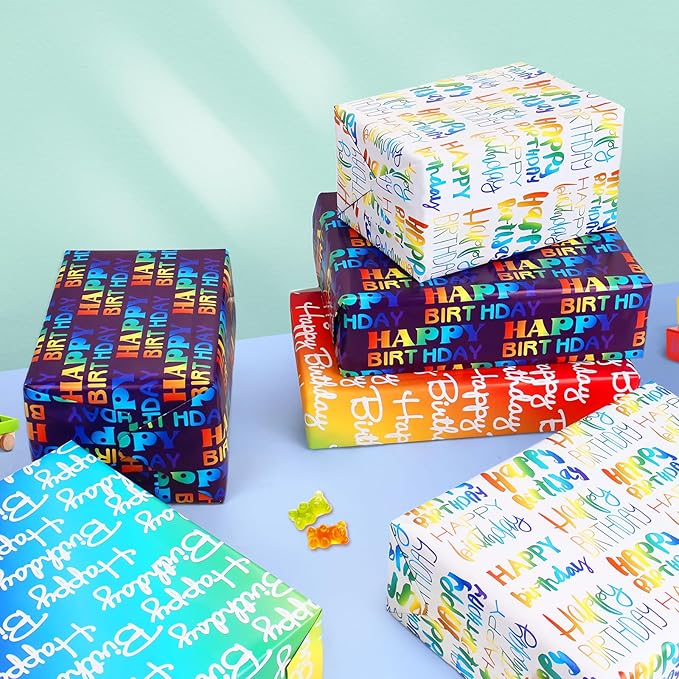 Wrapping Paper Birthday Wrapping Paper Sheets Hradient Multi-colour Happy Birthday Paper Set Include Bday Gift Wrap withTags & Ribbon,Present wrap for Boys Men Girls Women