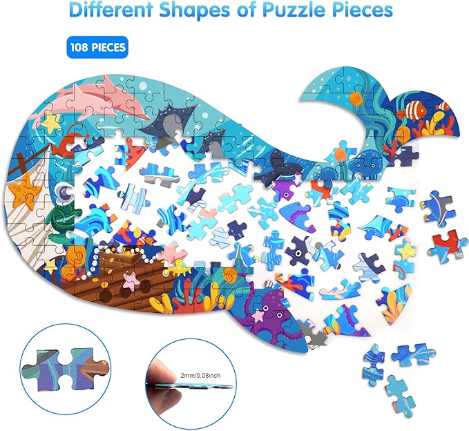 Jigsaw Puzzles for Kids Ages 4-8, 108 Pieces Whale Shaped Cardboard Puzzles for Animal Lovers, Sturdy Floor Puzzles Box and Poster, Educational Toys Gift for Boys Girls, 23.38 x 14.72 Inch