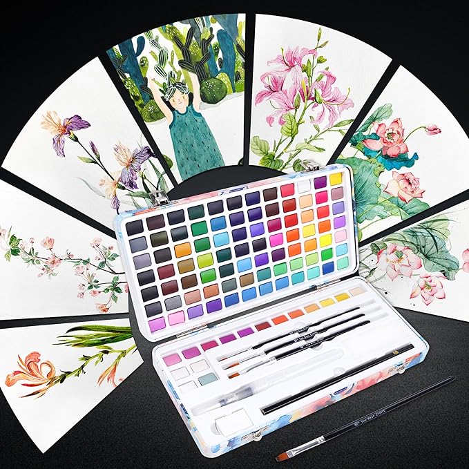 TBC The Best Crafts 100 Colors Watercolor Paint Set For Kids, Students and Artists, Amateur,Beginner.Set includes Coloring Sheets, Black Dual Tip Acrylic Paint Markers, Storage Bag